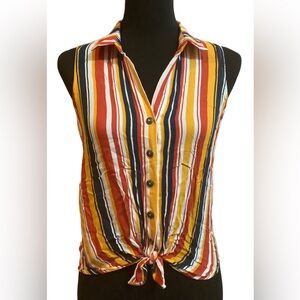 No Boundaries multi colored, striped, sleeveless, front button blouse